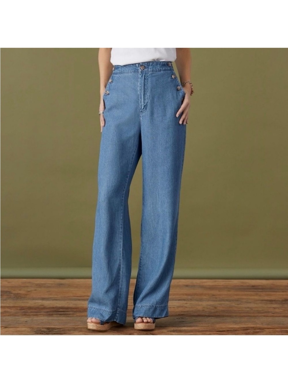 Sundance Oaklee Wide Leg Pants Lyocell Chambray Sailor Button